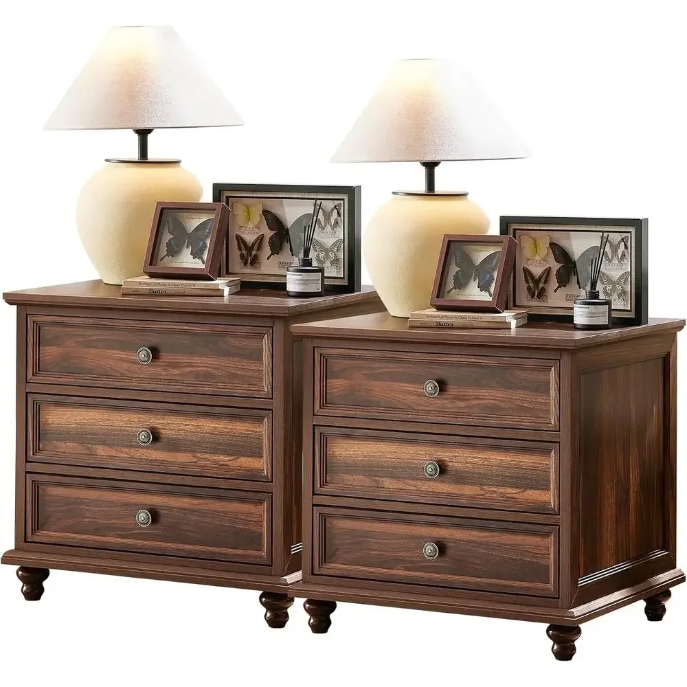 2-Piece Wide Arm Nightstand Set with Drawers and Metal Handles, Brown Wood Finish for Bedroom or Living Room