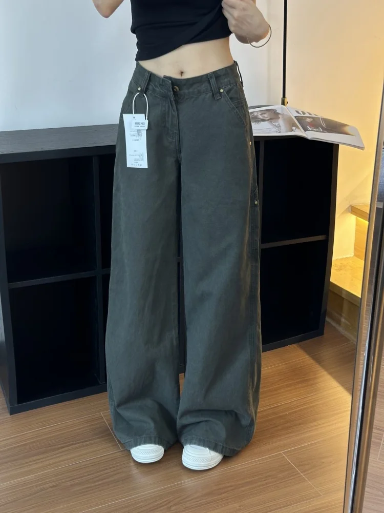 بالإضافة إلى حجم خمر الأمريكية العسكرية الدنيم السراويل النسائية فضفاضة عالية الخصر مستقيم الساق واسعة الساق ملابس العمل بنطلون #5