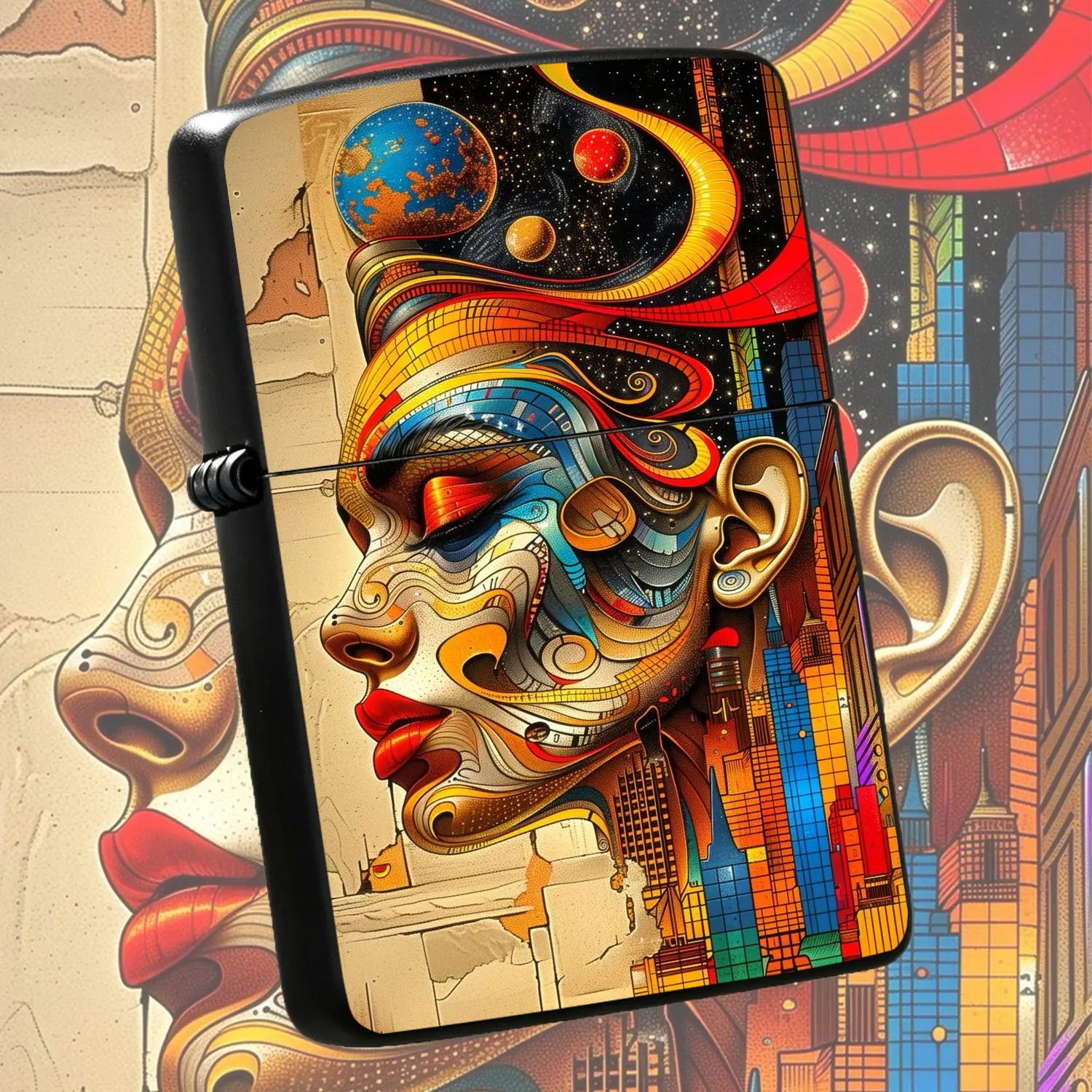 Abstract Psychedelic Human Face City Starry Sky Pattern Lighter, Stylish Artistic Portable Ignition Tool, Unique Creative Decorative Accessory For Daily Use, Outdoor Gathering, Holiday Gifting, Exquisite  A Humorous And Interesting Lighter