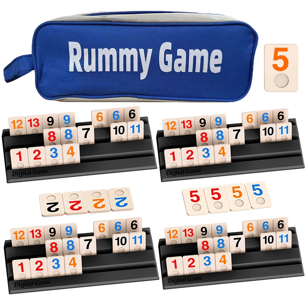 

Игра Rummy Cube с 4 стеллажами 104 Набор деревянных кубиков Rummy с портативным футляром Румми плитками для семейных классических настольных игр