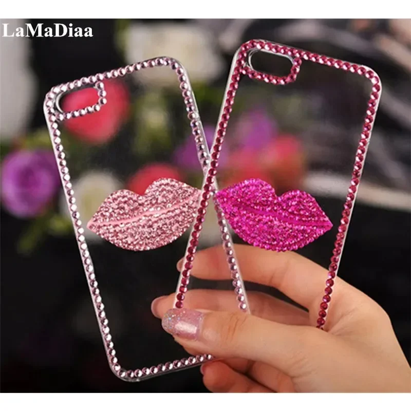Luxury Bling Rhinestone Pink Lips Cover, for Samsung Galaxy S23 Ultra, S24, S21, S22, Note8, 9, 10, 20 Plus, Case