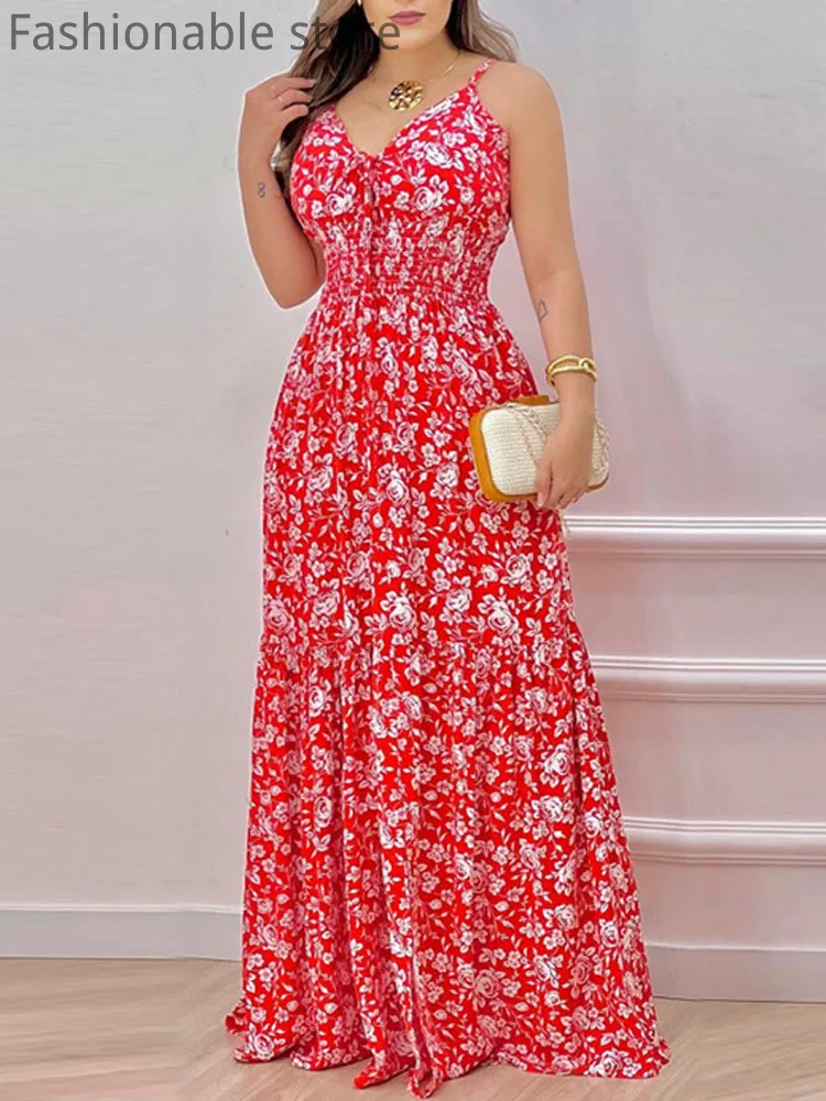 Women Summer Print Spaghetti Strap Big Swing Dress