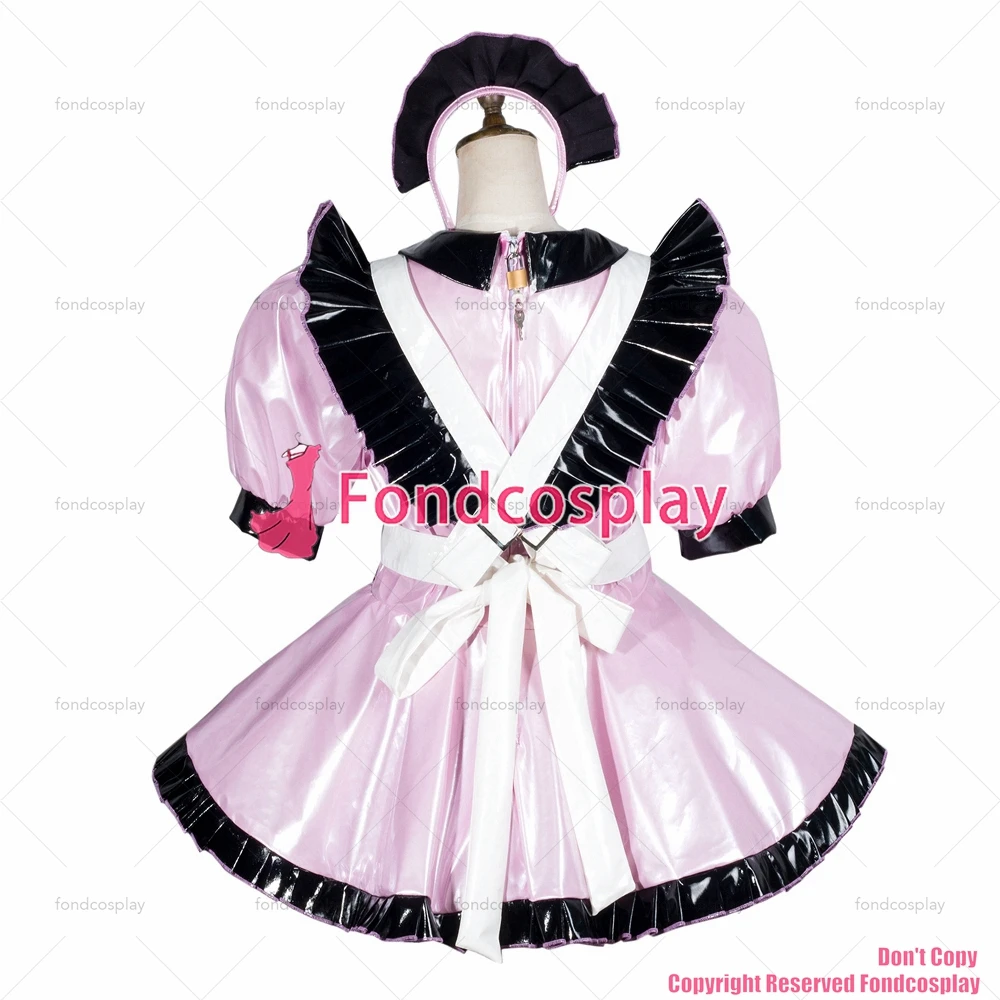 Fondcosplay erwachsene sexy kreuz dressing sissy maid baby rosa dünne pvc kleid abschließbar Uniform weiß schürze kostüm CD/TV[G3778]