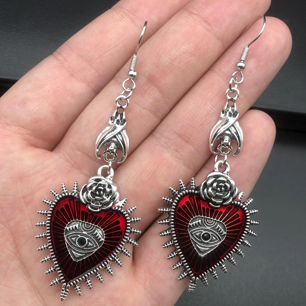 New Cross Occult Diablo Goth Piercing Drop Earrings Personality Rose Heart Oil Gothic Women\'s Earings Retro Hanging Jewellry