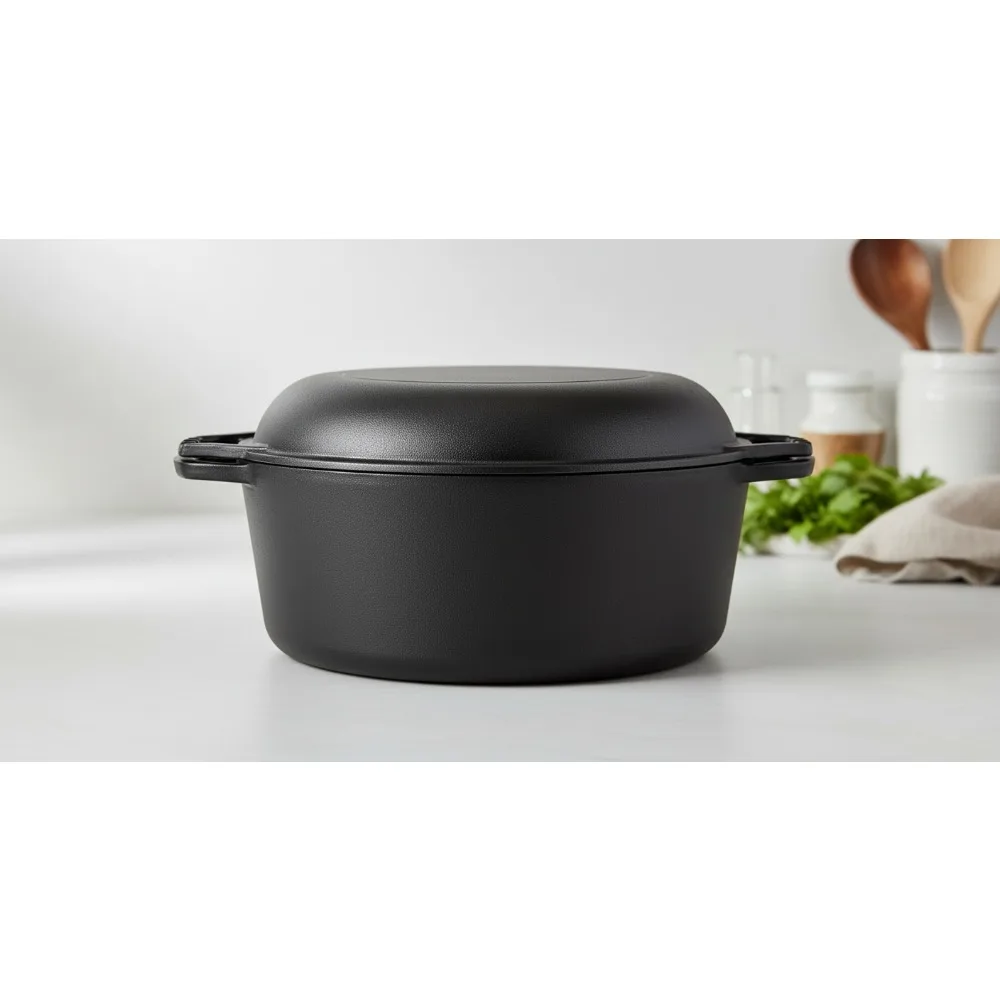 

7 Quart Pre-Seasoned Cast Iron Dutch Oven with Skillet Lid - Versatile Braising Pan & Casserole Cookware for Home Chefs