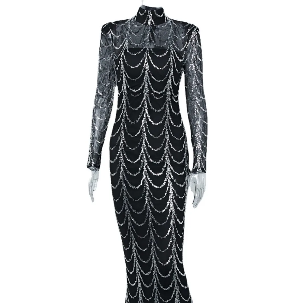 2024 New Long Sleeve Black Trailing Evening Dress European Style High Neck See-through Striped Sequined Party Floor Skirt