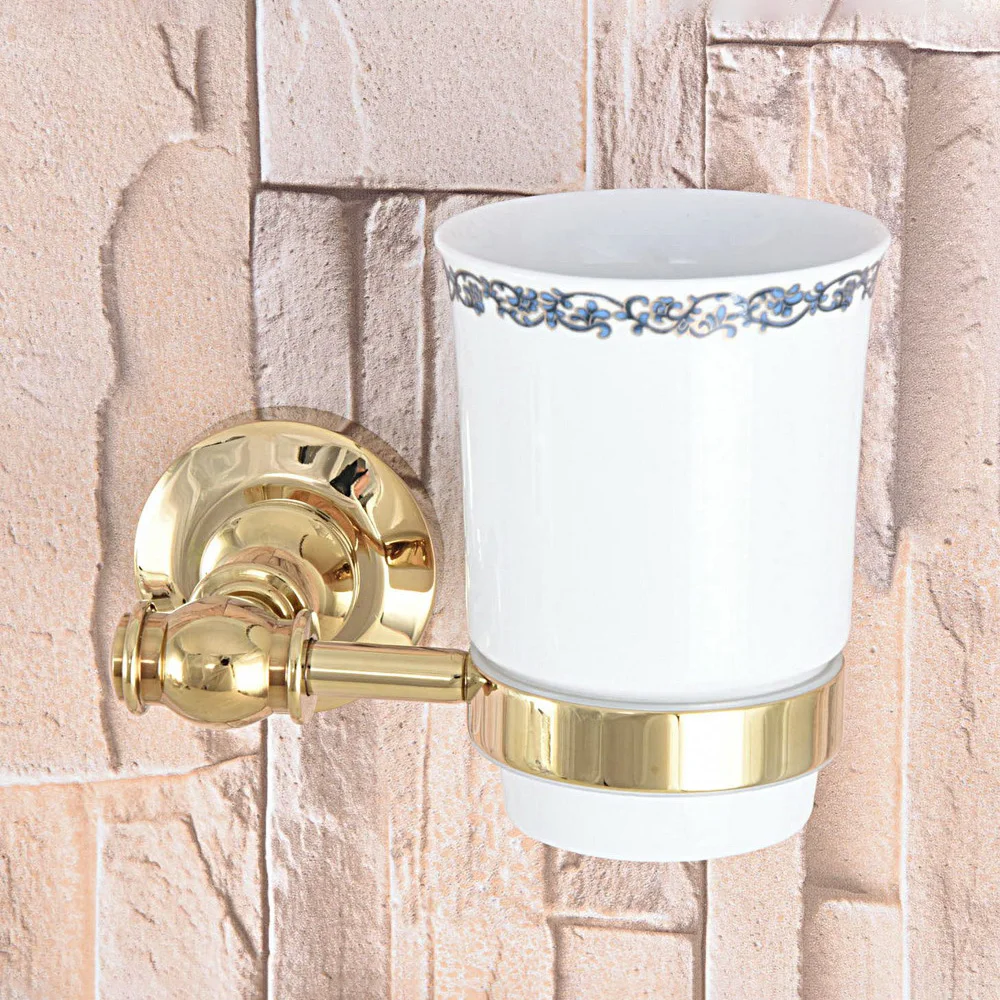 

Cup & Tumbler Holders Wall Mounted Toothbrush Cup Holder Gold Color Brass Bathroom Accessories Nba308