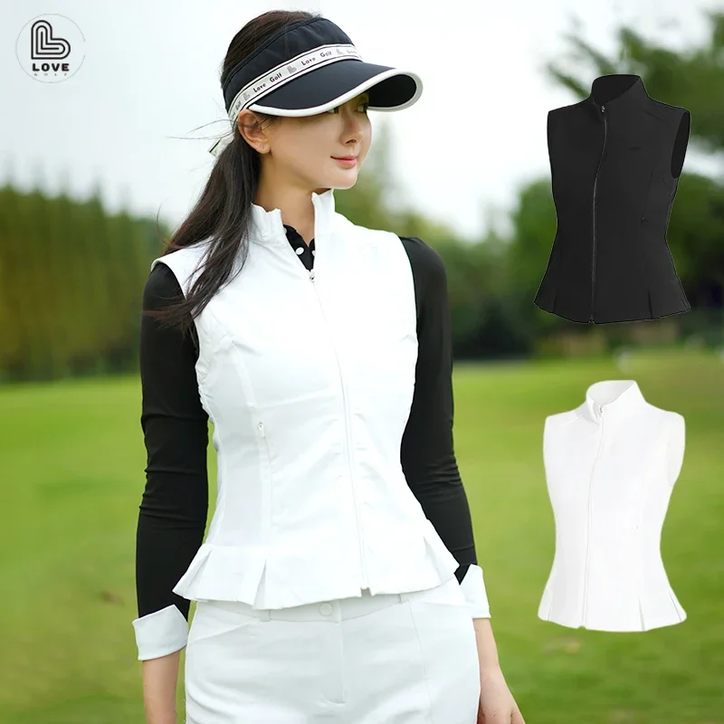 2025 New Women's Golf Vest Ruffle Slim Waist Jackets Ladies Sleeveless Versatile Casual Jackets Warm Sports Style Waistcoat