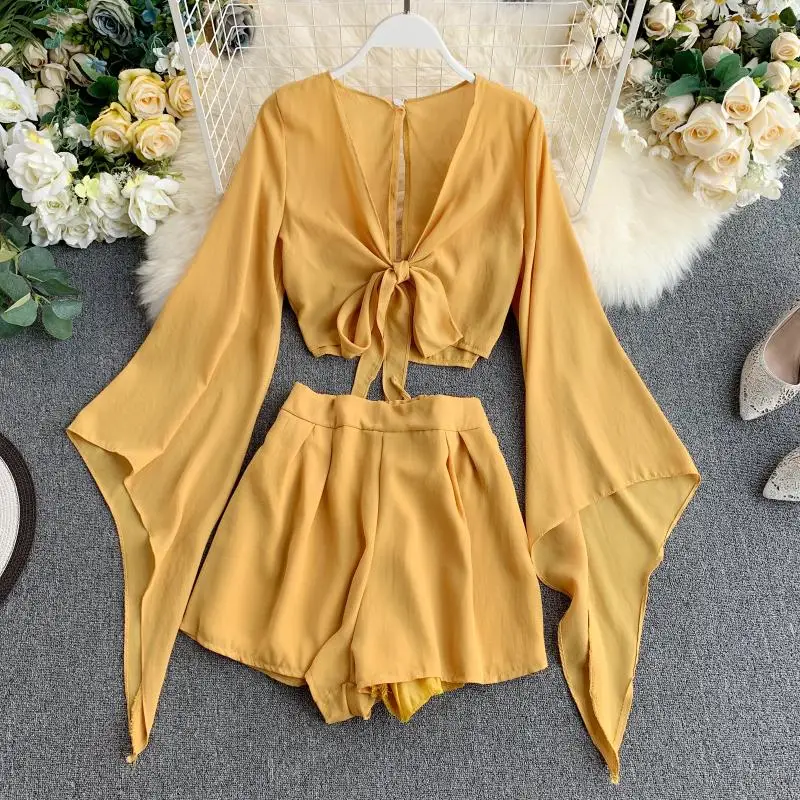 Summer Two Pieces Short Sets Women Casual Flare Sleeve  chiffon  with Korean Fashion High Waist Wide Leg Shorts Sets