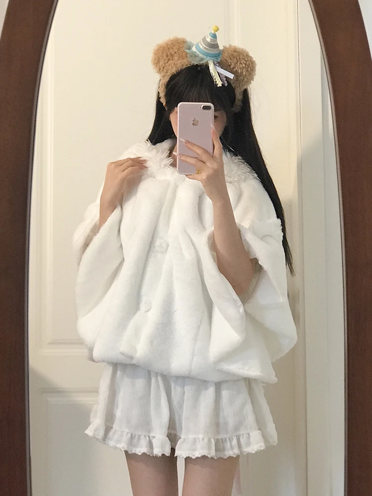 

Cute White Fluffy Rabbit Ear ort Coat Women's Warmth Polyester Fiber Knot Autumn Winter New Sle Sweet Sle