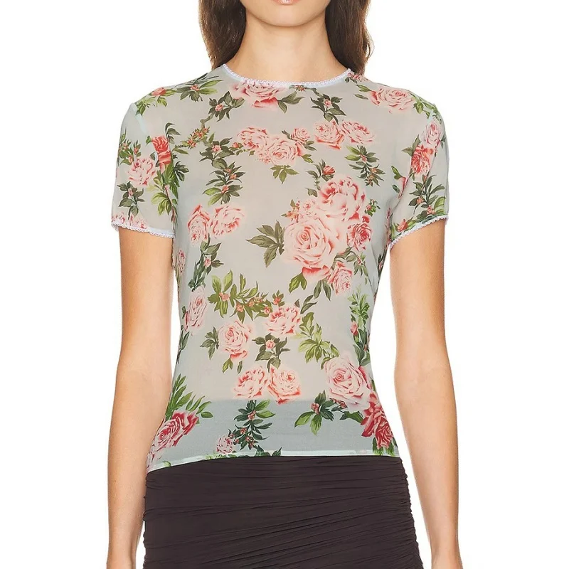 Summer New Women's round Neck LaceTrim Silk Blend ShortSleeve T-Shirt HighQuality Fashion Print Elastic Slim Fit See-through Top