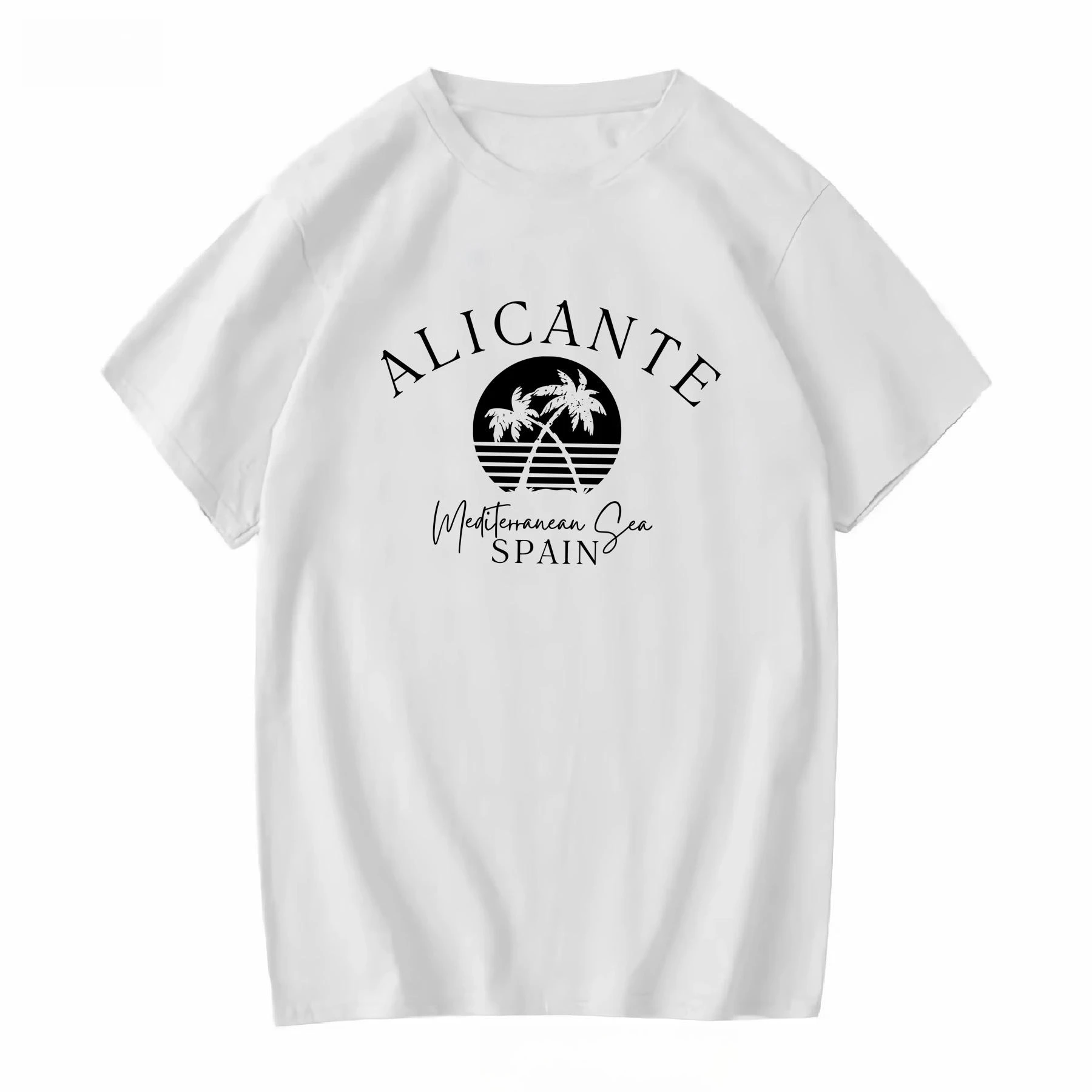 Camiseta gráfica Alicante España, camiseta de vacaciones en el mar Mediterráneo, diseño de palmera y puesta de sol, Camisa de algodón de ajuste relajado para vacaciones