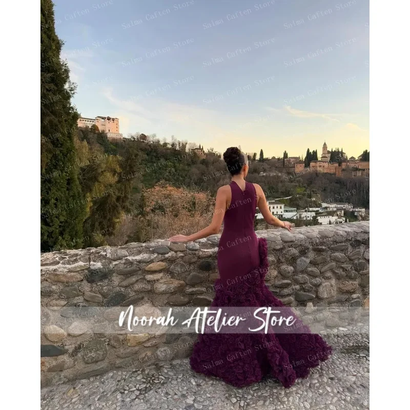 Deep Purple Elegant Evening Dress with High Neckline and Layered Ruffles | Fitted Bodice and Mermaid Silhouette | Sleeveless Ope