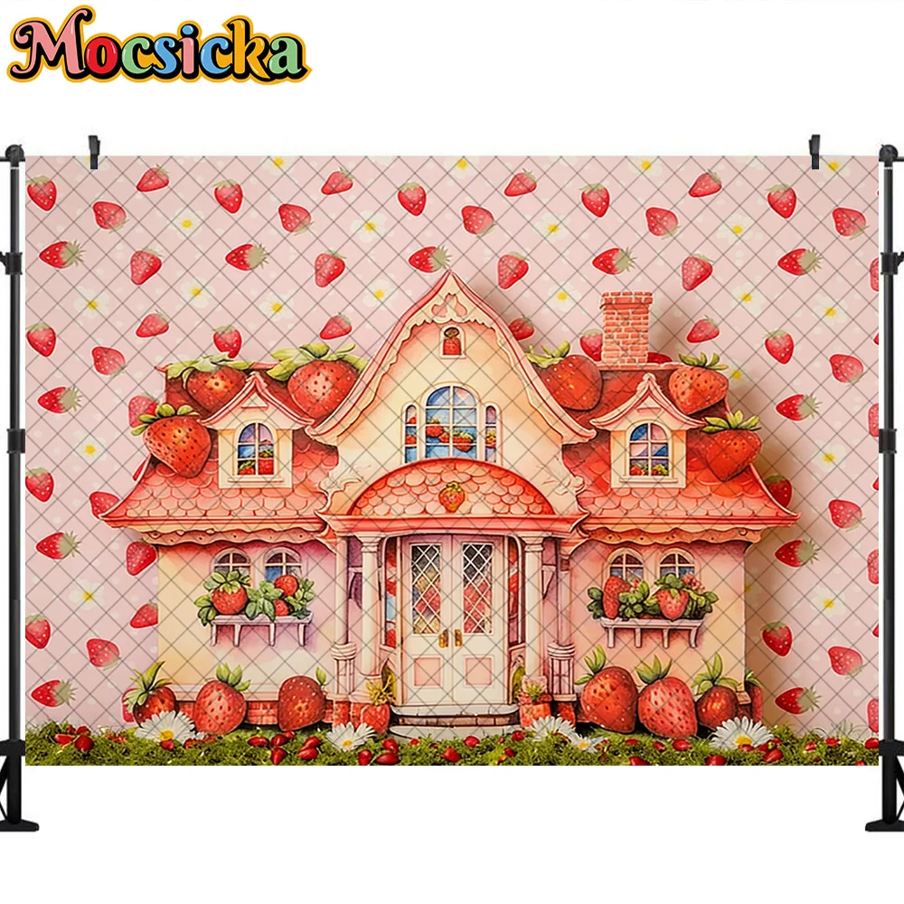 Mocsicka Summer Photography Backdrop Red Strawberry Shop Decoration Baby Shower Cake Samsh Party Backgrounds For Photographs