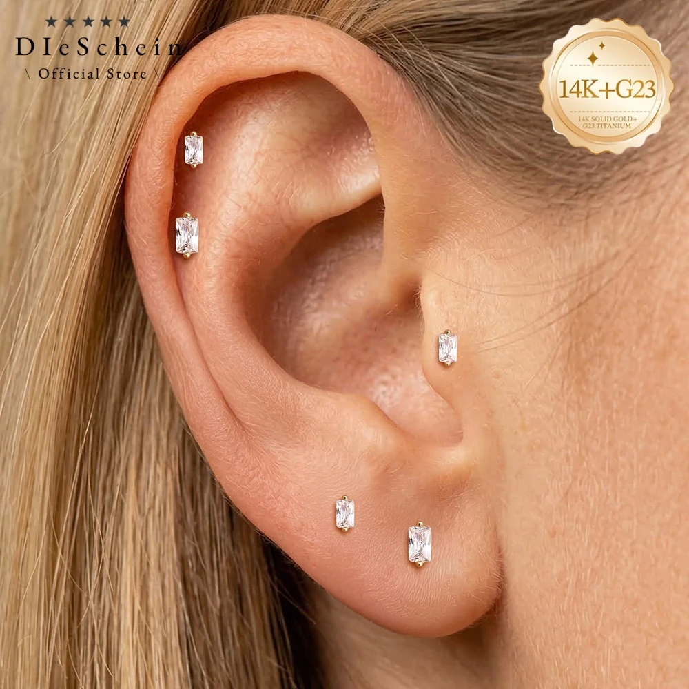 DIeSchein 14K Solid Gold Flat Back Stud Earring for Women Stud Internal Thread Piercing Earring for Girls Birthday Gifts