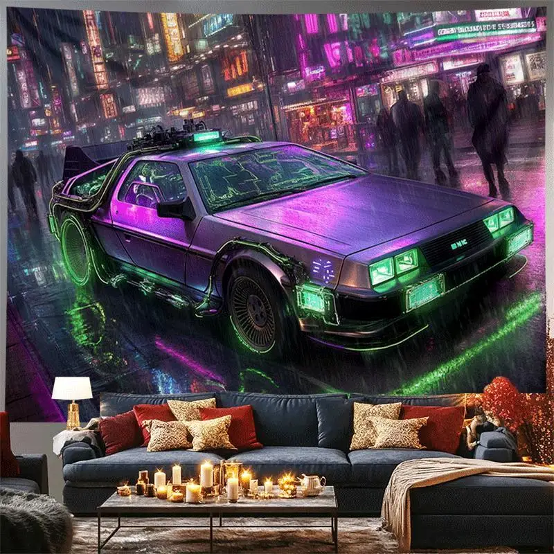 An der Wand montierte Auto-Wandteppiche, Banner, Neon-Regennacht, coole Zukunft, Auto-Wandteppiche für Wohnzimmer, Schlafzimmer, Schlafsaal-Dekoration