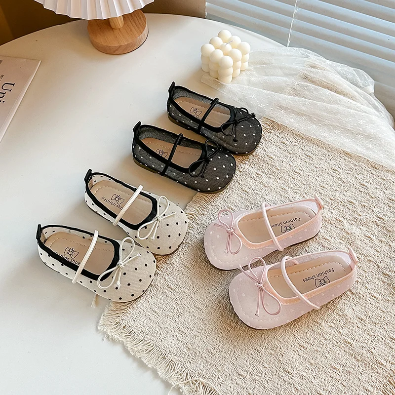 

Kids Mesh Shoes Polka Dots Sweet Girls Princess Shoes with Simple Bows 2026 Brand New Children Flats Casual Shoes Round Toes