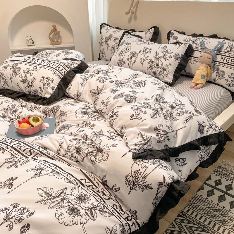 Korean Fashion Bedding Set Lace Flowers Plants Printed Comfortable Bed Set Duvet Cover Bed Linen Sheet Pillowcase Girl Queen Set