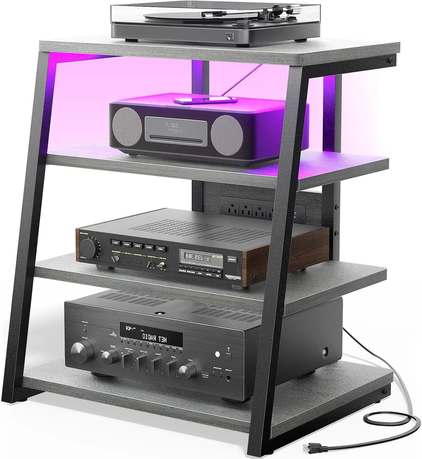 

4-Tier Turntable Stand with LED Lights, Vinyl Storage & Power Strip, Walnut Grey