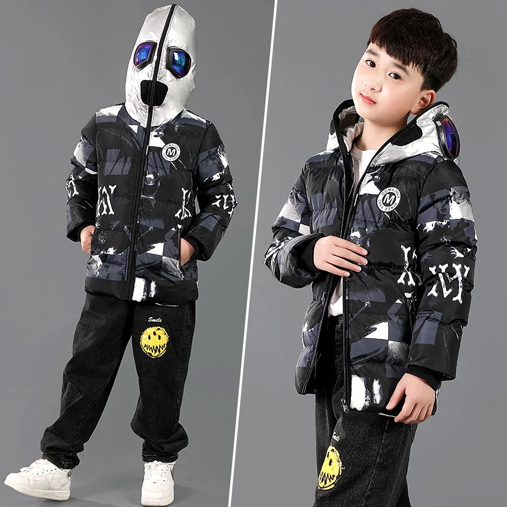 LPATTERN Children\'s Down Cotton Jacket with Hoodie Glasses Windproof Winter Coat Boys Thick Warm Quilted Cotton Parka Outerwear