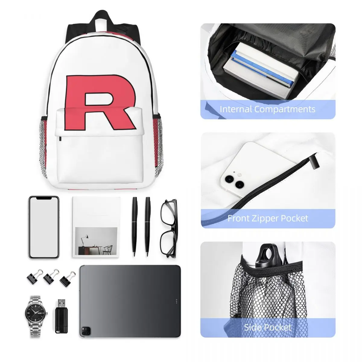 Letter R Team Rocket Logo Backpack Hot Sale Daypack Large Capacity Boys Girls BookBag Shoulder Bags for Men Women School Bag