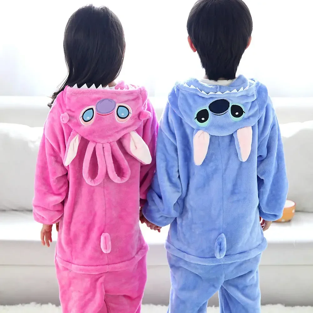 Disney Lilo & Stitch Children Jumpsuit Clothes Cartoon Plush Kigurumi Onesies Winter Warm Clothes for Boys Girls Christmas Gifts