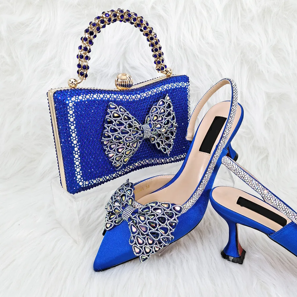 

Beautiful Royal Blue Women Pointed Toe Shoes Match Crystal Handbag African Dressing Pumps And Bag Set QSL091,Heel 7.5CM