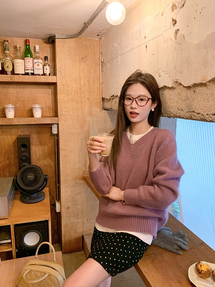 

Zeng XiaoXian корейский Sle V-Ne фиолетовый свитер женский удобный для похудения трикотаж топ простой дизайн длинный све