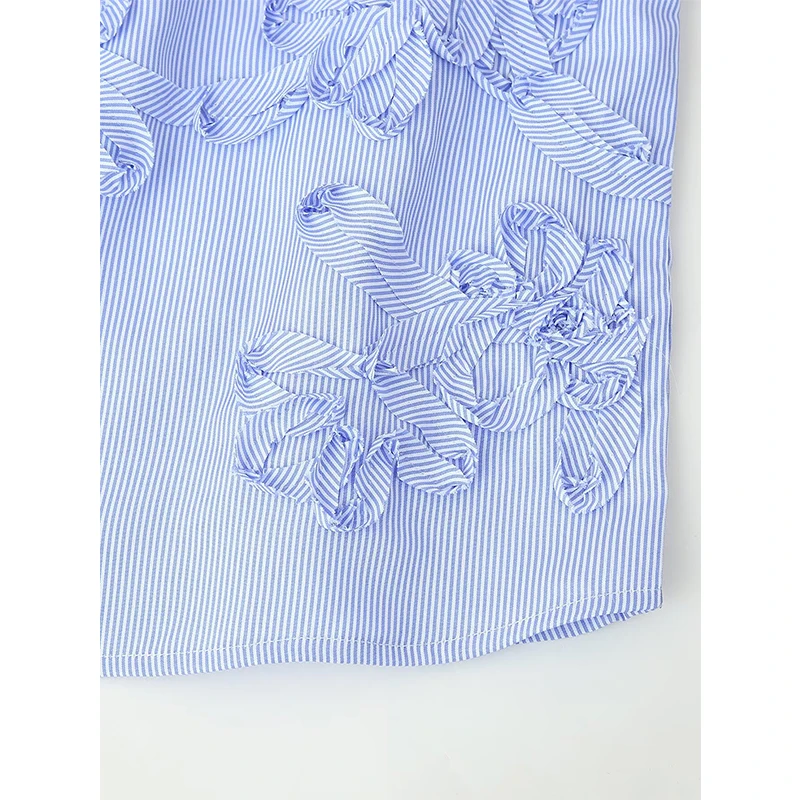 YENKYE 2025 Damesmode Textuur Gestreepte Blauwe Blouse Lange Mouw V-hals Casual Herfst Tops