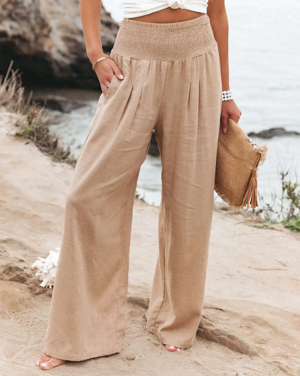 

2025 Summer Wide Leg Pants Women Casual Solid Pockets Beach Loose Straight Trousers Streetwear Elastic Waist Office Lady Pants
