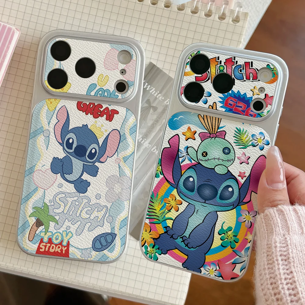 

Disney Lilo Stitch Couples Phone Case For IPhone 17 16 15 14 Electroplated Leather Shockproof Phone Accessories 13 12 11 Casing