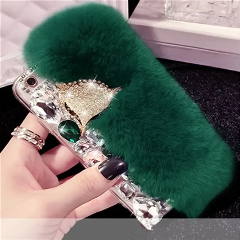 For iphone 15 Plus 14 11 12 13 pro Luxury Rhinestone Diamond Real Rabbit Fur Soft Bling Cover Case For iphone 17 Air 16 PLUS