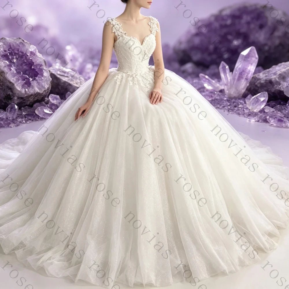 Customized Luxury Extra Long Train Bridal Gowns V Neck Lace Strap Sparkly Glitter Tulle Voluminous Ballgown Wedding Dresses