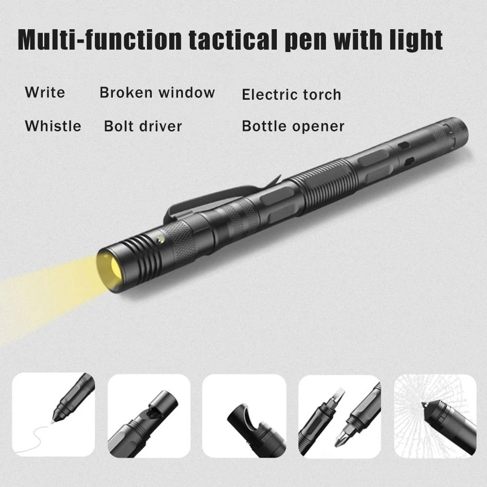 Multifunctional Ballpoint Pen With 100LM Flashlight Tactical Self-Defense Pen Fragile Window Breaker EDC Outdoor Survival Tool