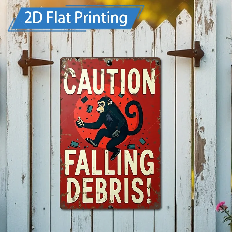 [2D FLAT] 1 قطعة علامة معدنية، 8 × 12 بوصة ريترو قرد الحذر سقوط الحطام علامة معدنية