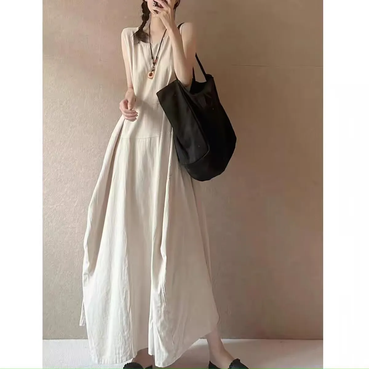 Verão novo algodão linho longo preto colete vestido em torno do pescoço emenda solto emagrecimento artístico flor casual vestidos longos n811