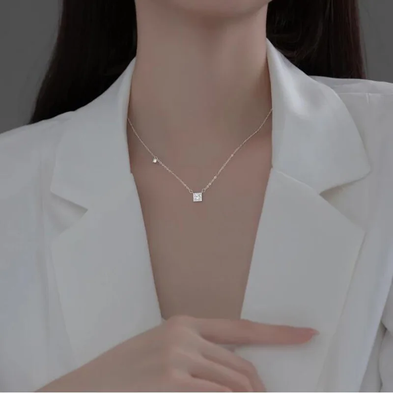 Full Moissanite Square Pendant Necklace Center 1CT Round Cut Diamond Emerald Cut Halo Design Necklace 14K Plated Silver Jewelry view 3