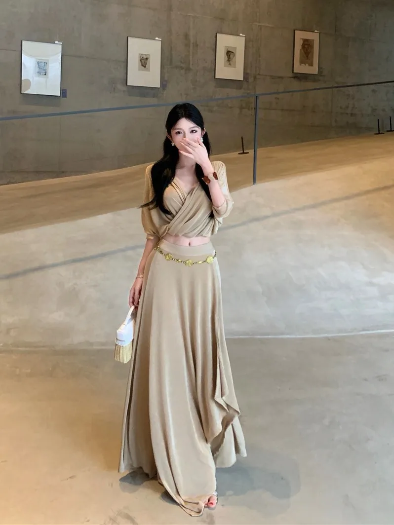 

Retro Sexy V-Neck Cross Slimming Top High Waist Split Maxi Skirt Long Dress Set Women's Sleeveless Women's Summer Fashion
