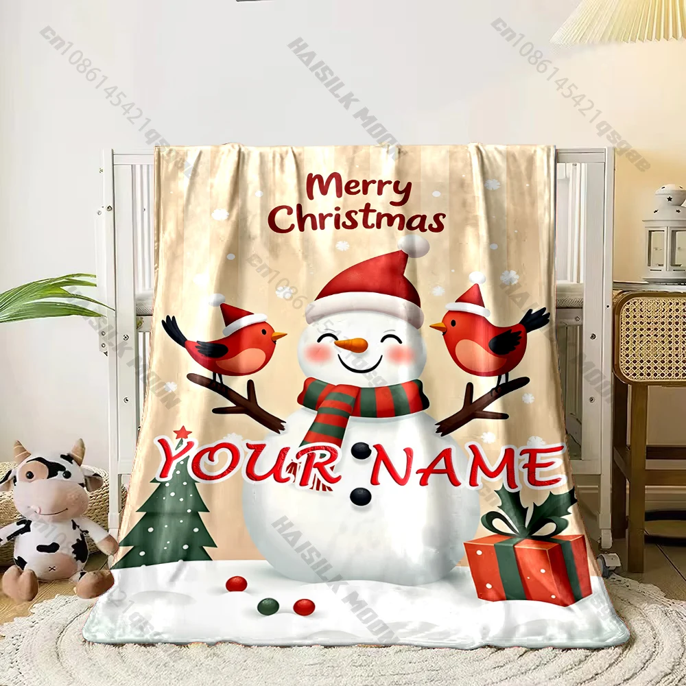 Custom Name Christmas Snowman Cardinal Bird Blanket Flannel Throw Kids Xmas Gift Soft Skin-Friendly blanket,all seasons Blanket