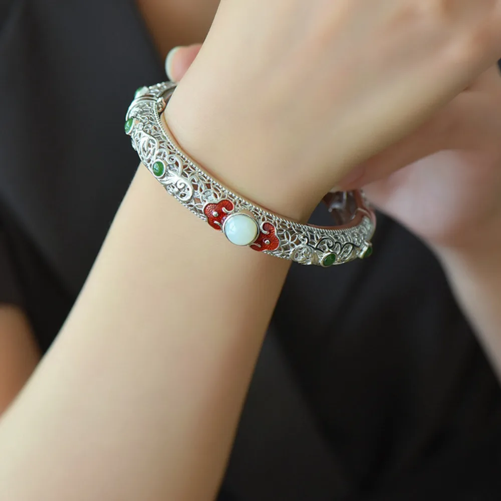 

Браслет GL 925 из чистого серебра с холодной эмалью, филигранью, ретро-узором в виде облаков, инкрустацией белым нефритом, в этническом стиле, открытый - Отличный подарок