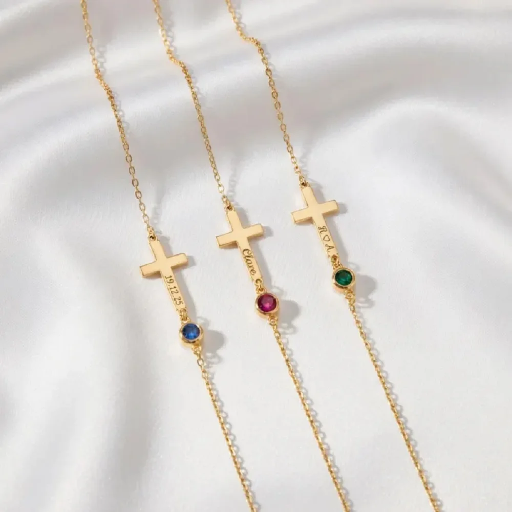 Sipuris Personalisiertes Namensarmband aus Edelstahl mit Kreuzanhänger, personalisiertes Geburtsstein-Namensschild-Armband, Modeschmuck, Hochzeitsgeschenke – Detail 5