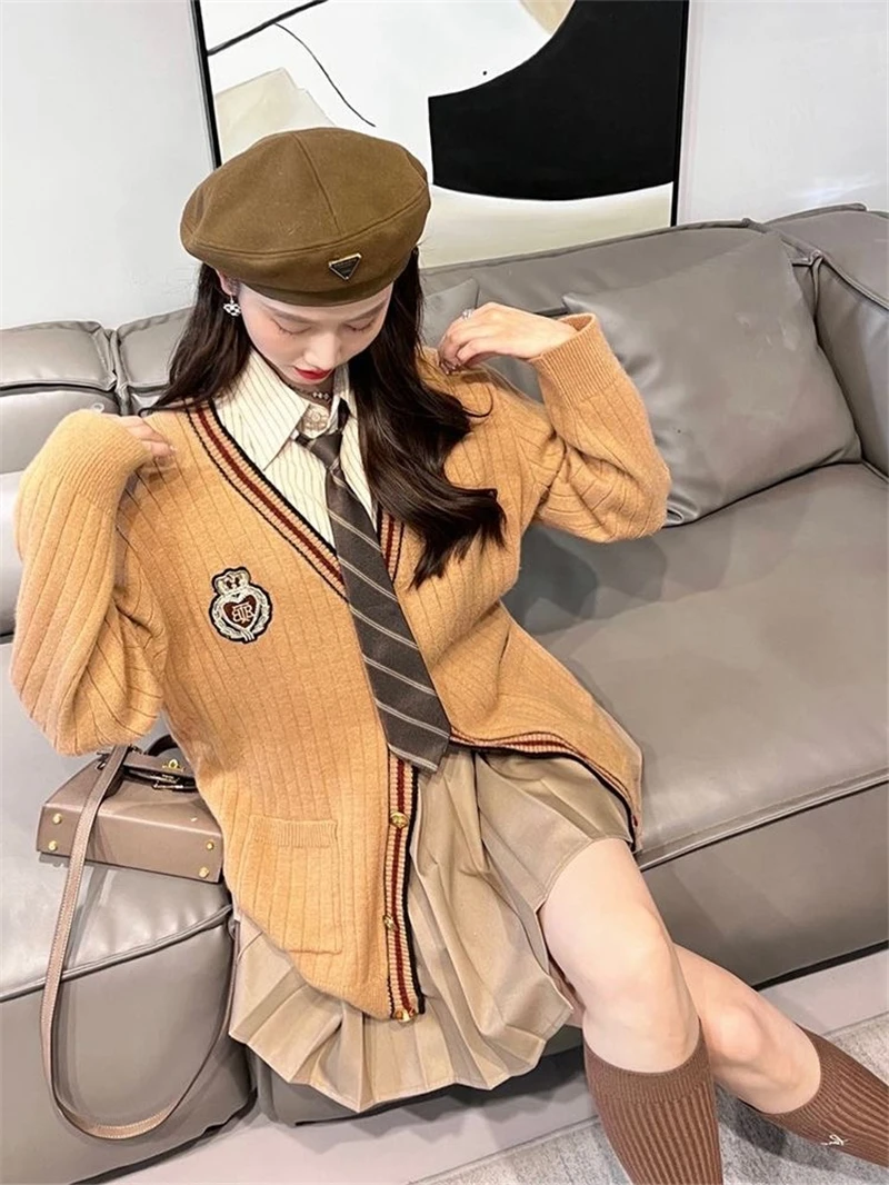 Japanese Korean Retro V-neck Knitted Sweater Cardigan Set Cotton Women Long Sleeved Autumn/Winter Khaki JK Uniform 4-piece Set