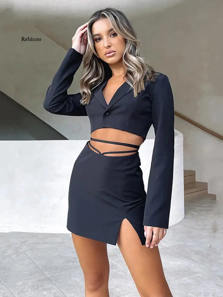 Suit Female Fashion Sexy Spice Girl Small Suit Micro Split Bandage Skirt  2 Piece Set Women  Blazer and Skirt Set  Woman Skirts