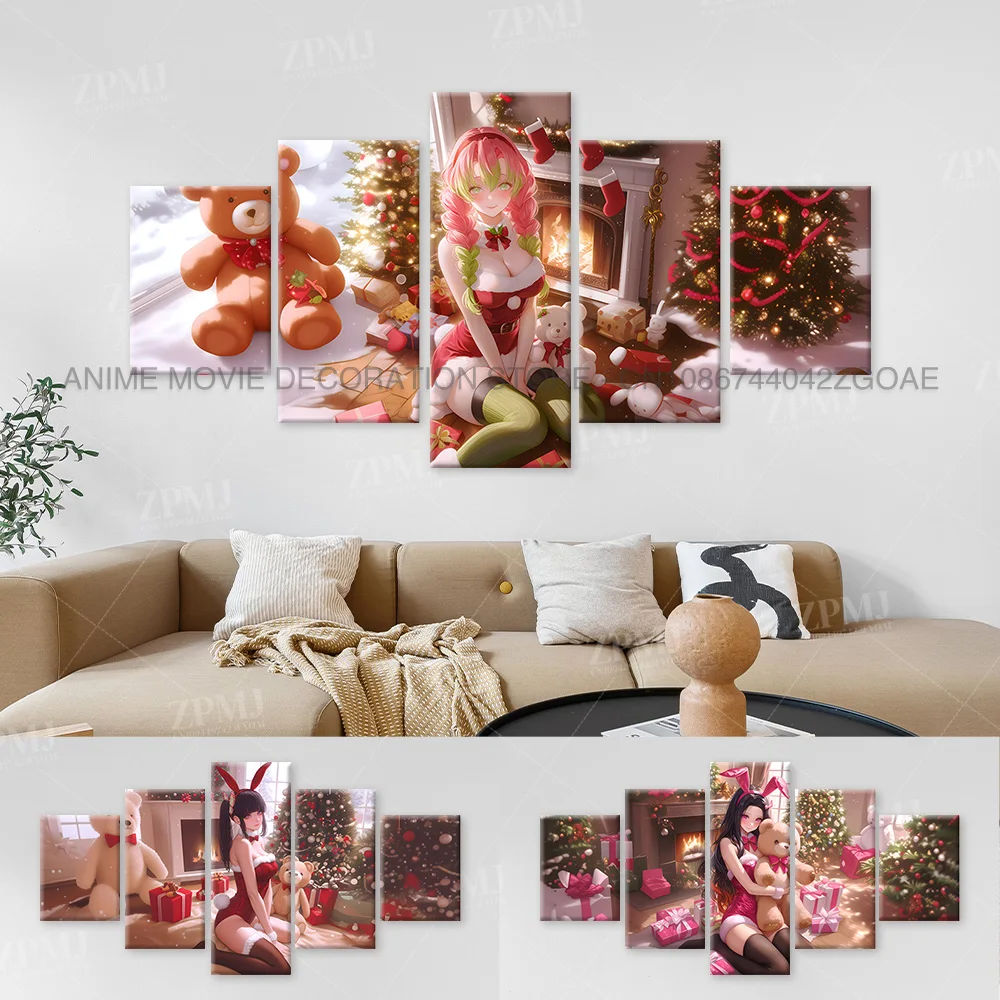 

5Pcs Anime Wall Art Canvas Painting Picture Print Home Decor Demon Slayer Kanroji Mitsuri Character Poster Room Frameless Mural