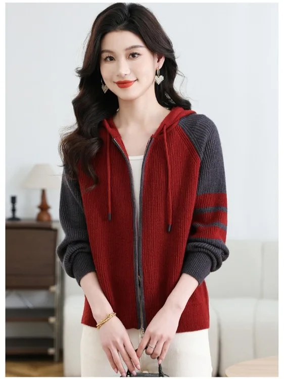 

Knitted Woolen Coat Collared Outerwear for Middle-Aged And ly Women Spring Autumn Winter Casual Comfortable Fit Zipper C...