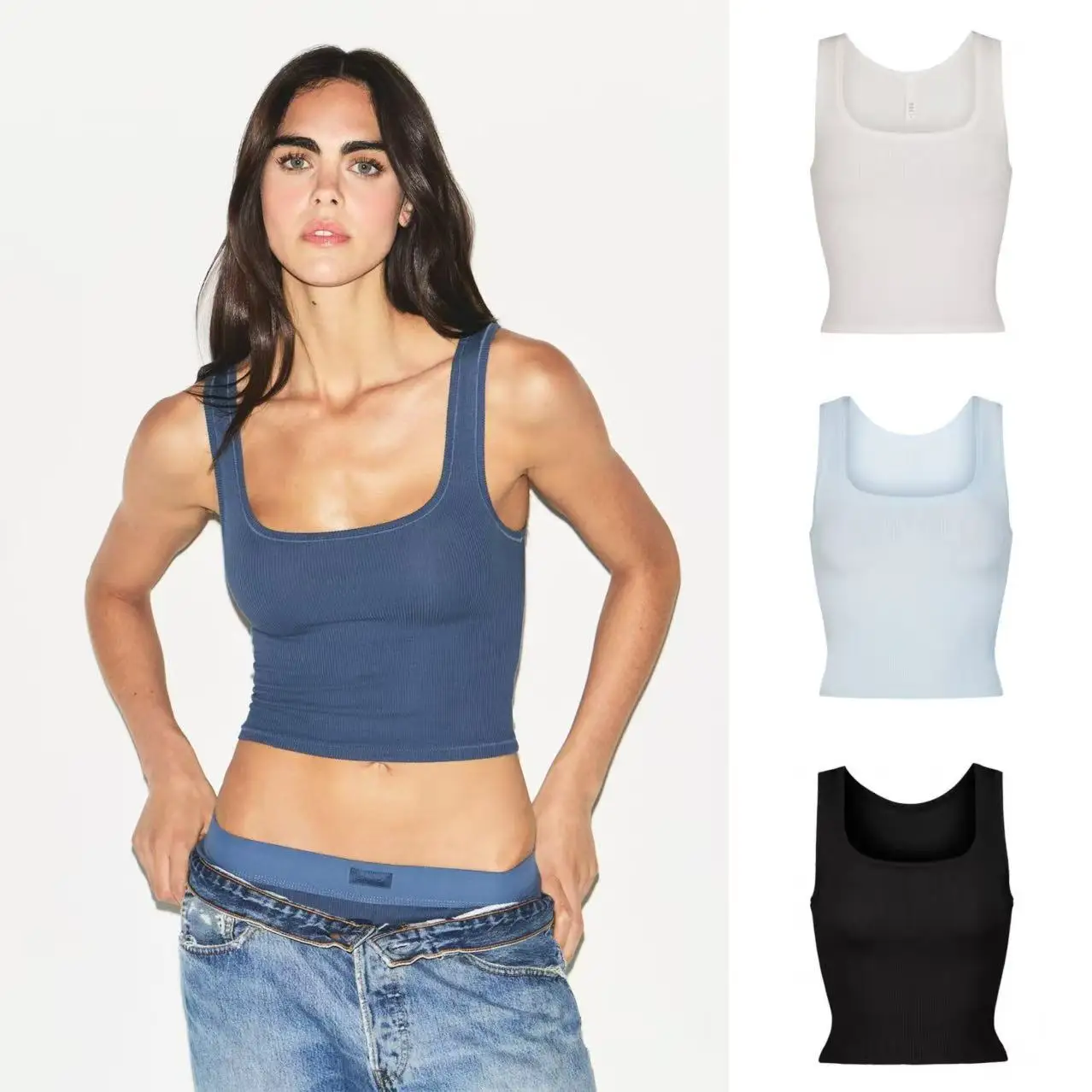 Top de tirantes finos de algodón acanalado KIM 26SS, sin mangas, corte ajustado
