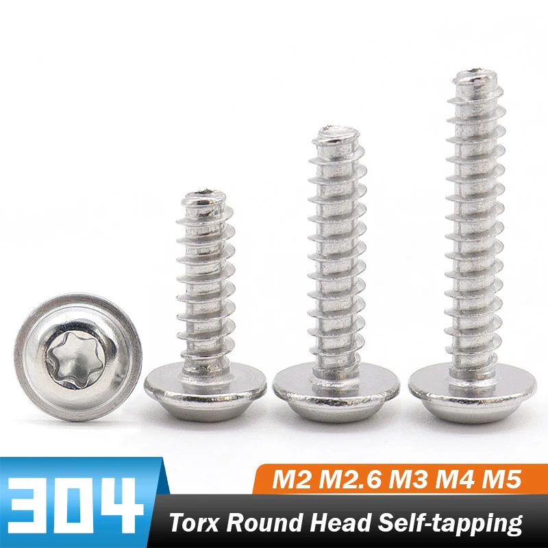 10~100pcs 304 Stainless Steel Round Torx Flat Tail Self-tapping M2 M2.6 M3 M4 M5 With Washer Anti-theft Tail Self-tapping