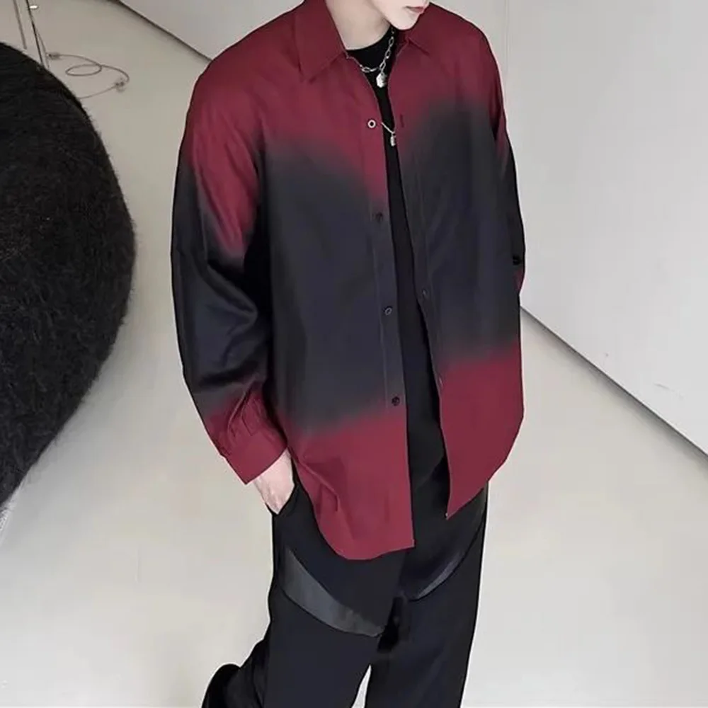 Mens Shirt Gothic Y2k Black Red Gradient Contrast Casual Shirt Summer Streetwear Hip-Hop Retro Niche Thin Long-Sleeved Top 2024