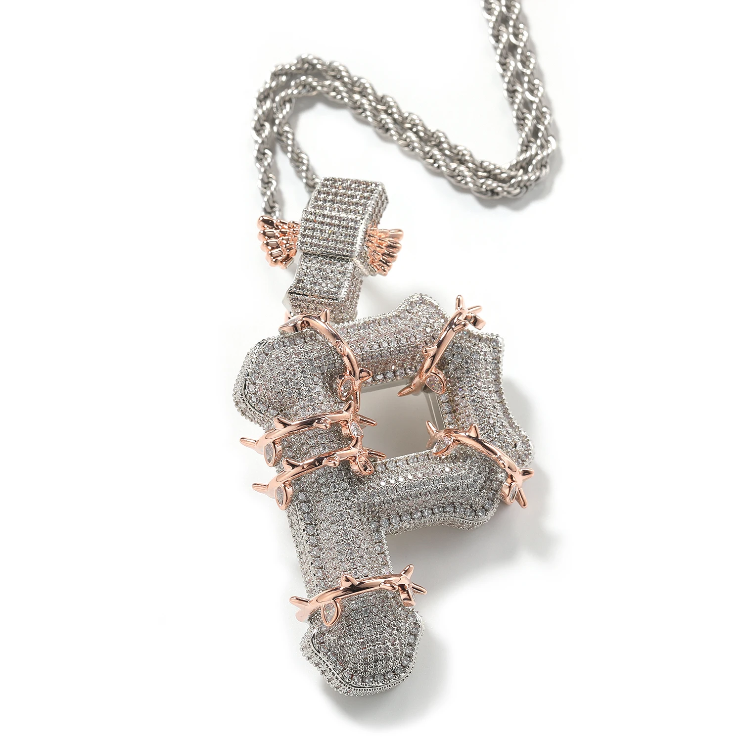 TBTK Barbed Wire Wrapped Initial P Pendant Angel Wing Clasp Full Cubic Zircon Bamboo Shape Letter Charm HipHop Jewelry Necklace