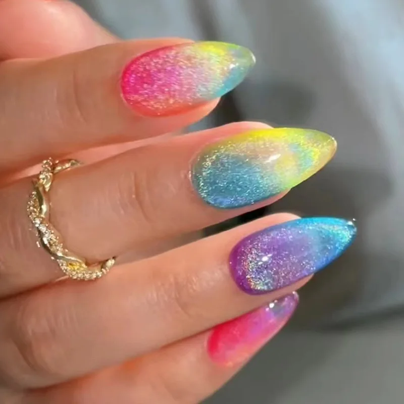 

24Pcs Long Almond Press-on Nails: Magnetic Cat Eye with Dreamy Rainbow Smudge & Multicolor Glitter - Iridescent Fantasy